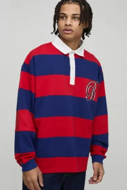 Online boohooMAN Oversized Heavyweight Cut and Sew Applique Rugby Polo red