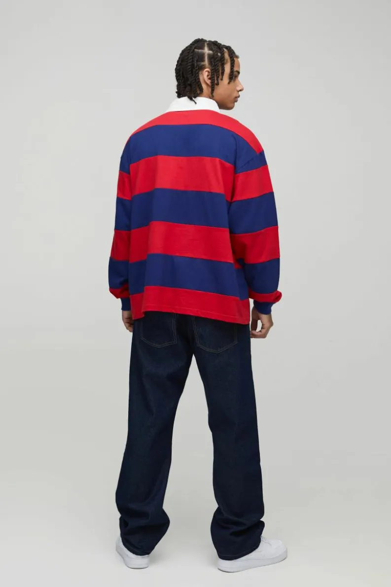 Online boohooMAN Oversized Heavyweight Cut and Sew Applique Rugby Polo red