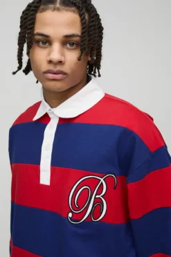 Online boohooMAN Oversized Heavyweight Cut and Sew Applique Rugby Polo red