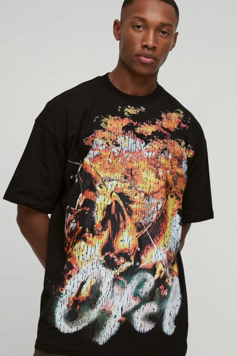 Hot boohooMAN Oversized Heavyweight Large Scale Renaissance Print T-Shirt black