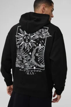 Clearance boohooMAN Oversized Heavyweight Line Drawing Print Hoodie black