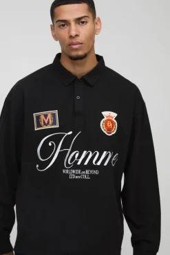 Hot boohooMAN Oversized Heavyweight Pique Applique Rugby Polo black