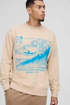 New boohooMAN Oversized Hokusai Art License Print Sweatshirt ecru