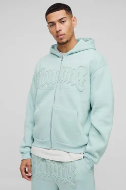 New boohooMAN Oversized Homme Applique Zip Through Hoodie light blue
