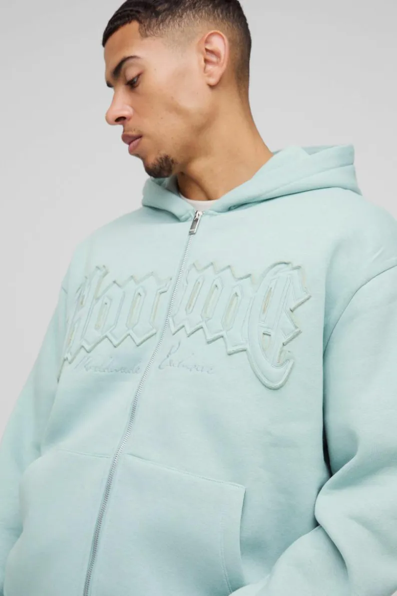 New boohooMAN Oversized Homme Applique Zip Through Hoodie light blue