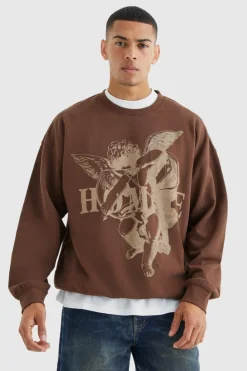 Outlet boohooMAN Oversized Homme Graphic Sweatshirt chocolate