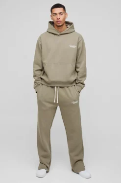 Shop boohooMAN Oversized Homme Hooded Split Hem Tracksuit khaki
