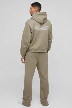 Shop boohooMAN Oversized Homme Hooded Split Hem Tracksuit khaki