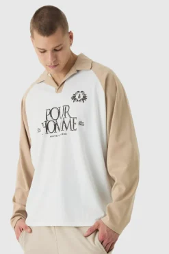 Online boohooMAN Oversized Homme Long Sleeve Rugby Polo white