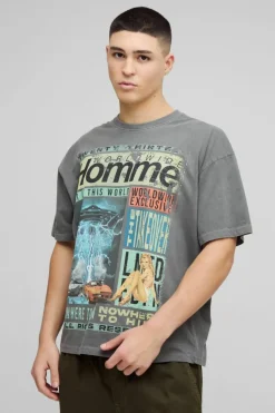 Shop boohooMAN Oversized Homme Magazine Graphic Washed T-Shirt charcoal