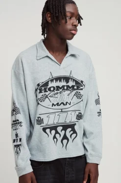 Hot boohooMAN Oversized Homme Moto Print Revere Rugby Polo grey marl