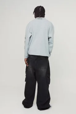 Hot boohooMAN Oversized Homme Moto Print Revere Rugby Polo grey marl