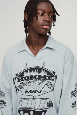 Hot boohooMAN Oversized Homme Moto Print Revere Rugby Polo grey marl