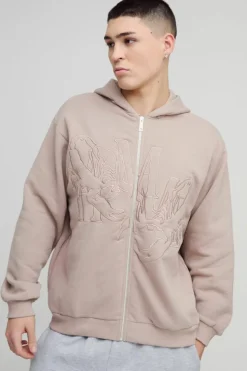 Cheap boohooMAN Oversized Homme Twill Applique Zip Through Hoodie taupe