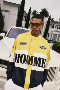Online boohooMAN Oversized Homme Twill Moto Jacket In yellow