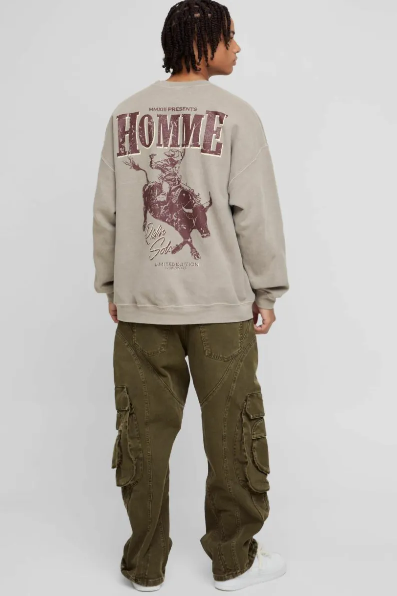 Cheap boohooMAN Oversized Homme Western Graphic Washed Sweatshirt brown