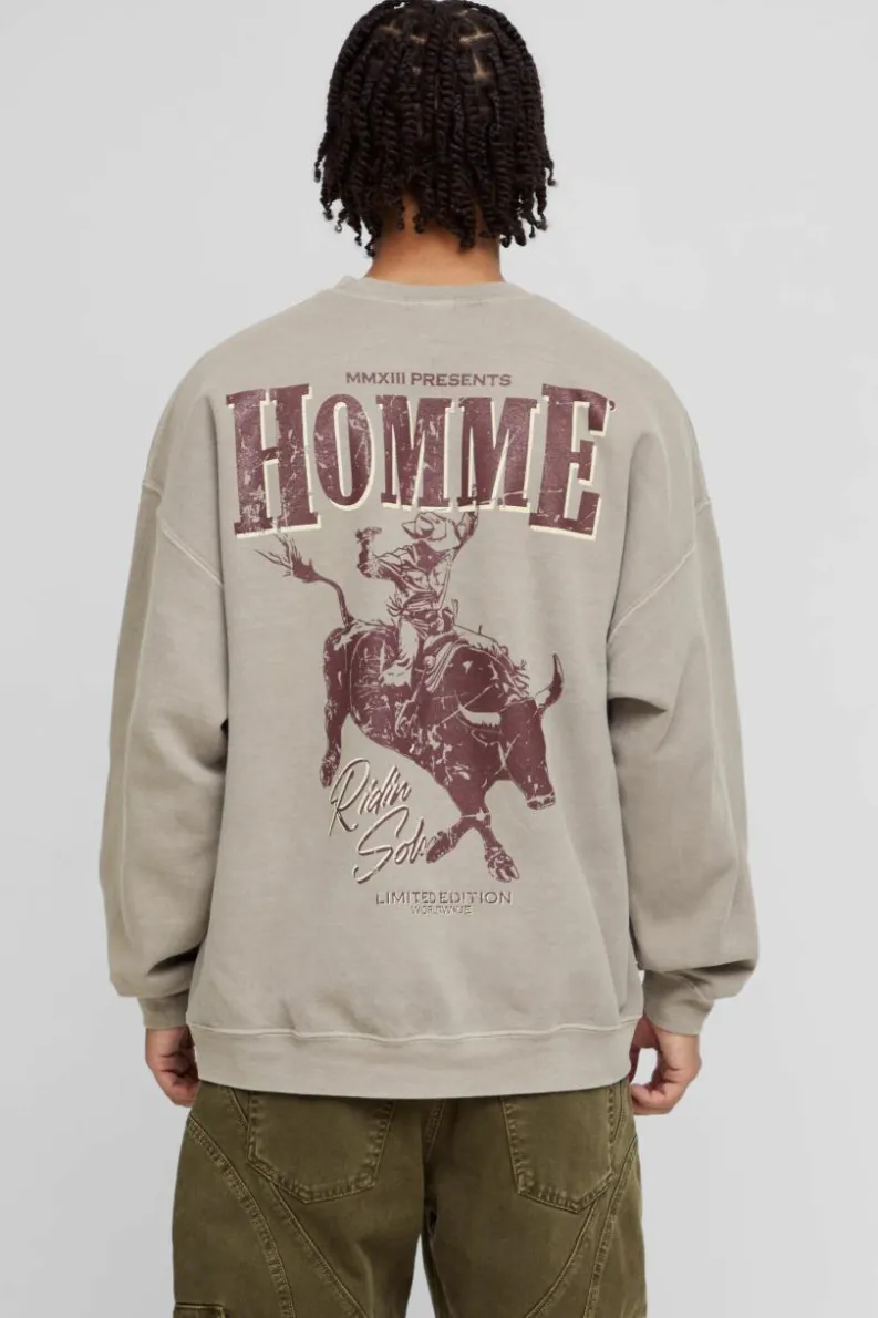 Cheap boohooMAN Oversized Homme Western Graphic Washed Sweatshirt brown