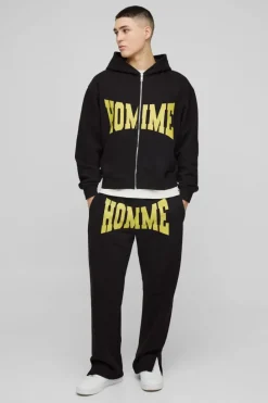 Best boohooMAN Oversized Homme Zip Hooded Split Hem Tracksuit black