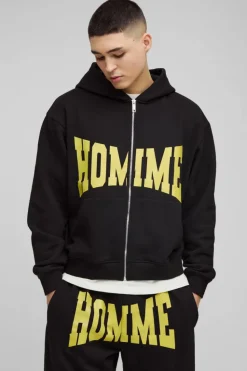 Best boohooMAN Oversized Homme Zip Hooded Split Hem Tracksuit black