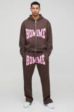 Discount boohooMAN Oversized Homme Zip Hooded Split Hem Tracksuit brown