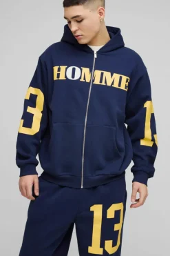 Sale boohooMAN Oversized Homme 13 Zip Through Tracksuit navy