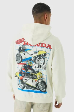 Shop boohooMAN Oversized Honda JT Racing License Print Hoodie ecru