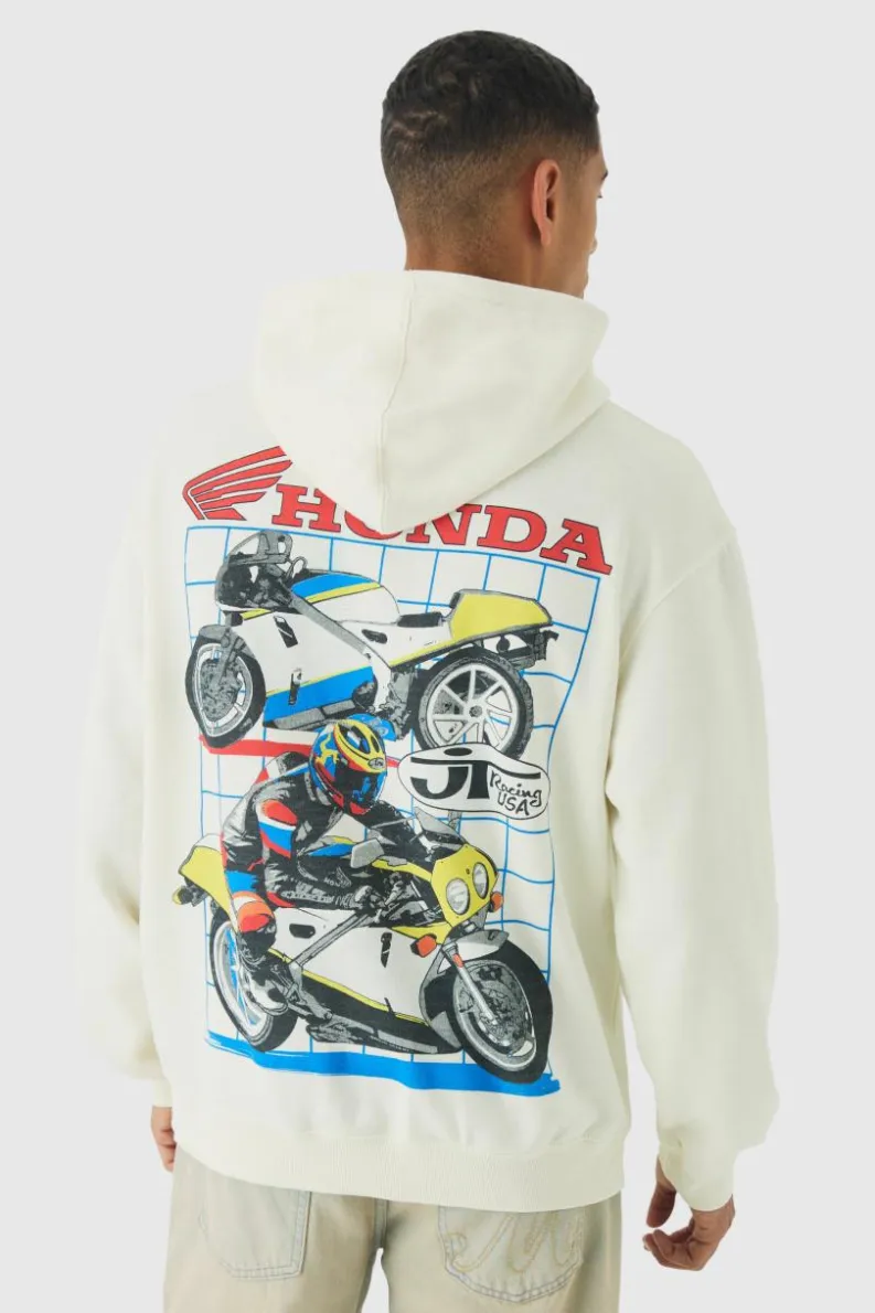 Shop boohooMAN Oversized Honda JT Racing License Print Hoodie ecru