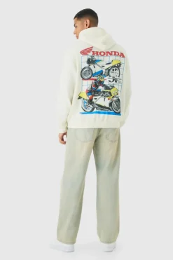 Shop boohooMAN Oversized Honda JT Racing License Print Hoodie ecru