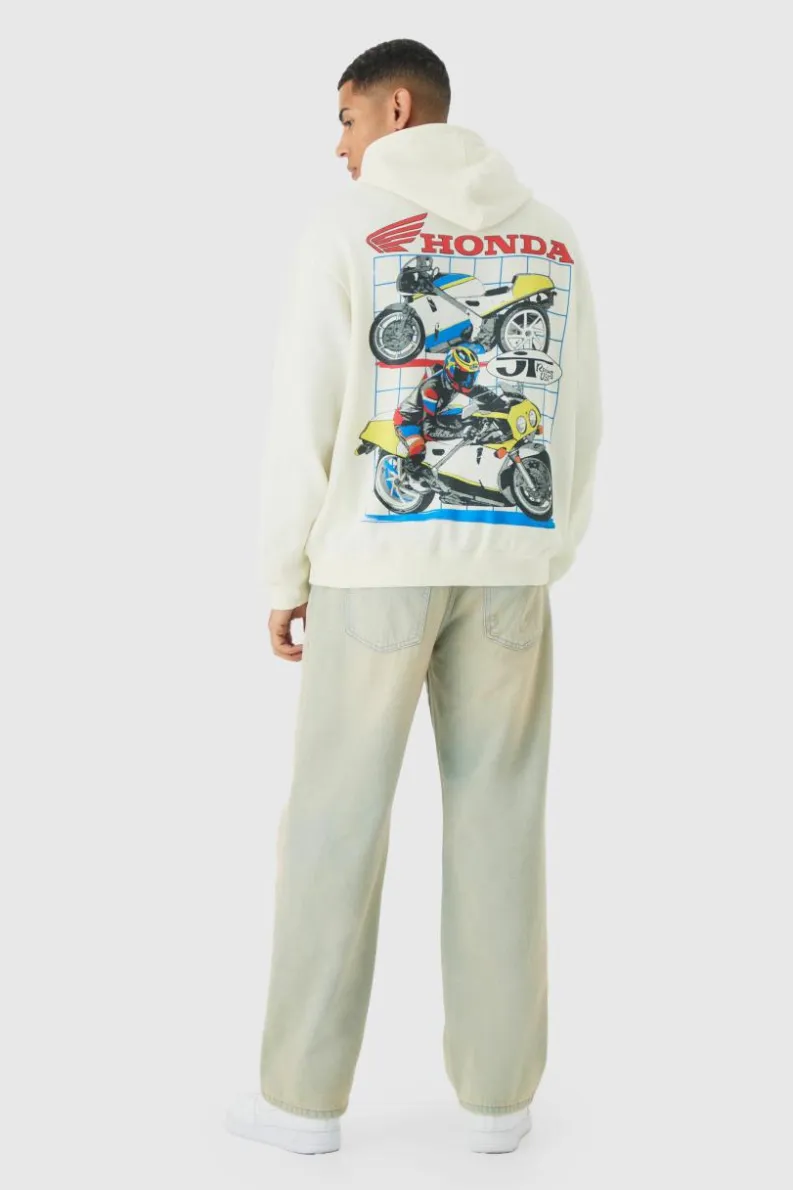 Shop boohooMAN Oversized Honda JT Racing License Print Hoodie ecru