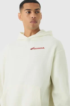 Shop boohooMAN Oversized Honda JT Racing License Print Hoodie ecru