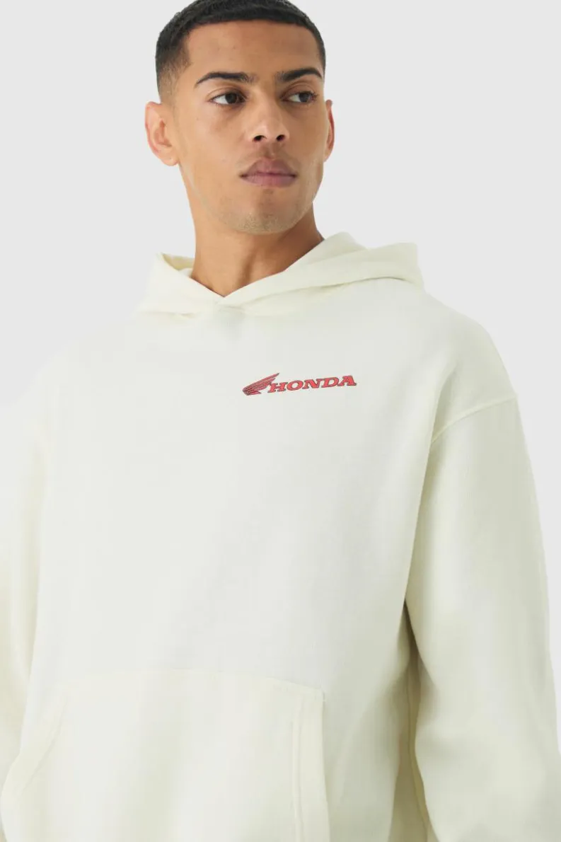 Shop boohooMAN Oversized Honda JT Racing License Print Hoodie ecru