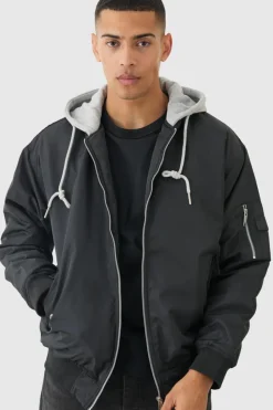 Discount boohooMAN Oversized Hooded Ma1 Bomber Jacket In black