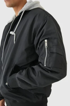 Discount boohooMAN Oversized Hooded Ma1 Bomber Jacket In black
