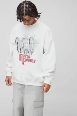 Flash Sale boohooMAN Oversized Horse Power Western Graphic Sweatshirt white