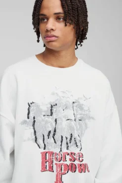 Flash Sale boohooMAN Oversized Horse Power Western Graphic Sweatshirt white