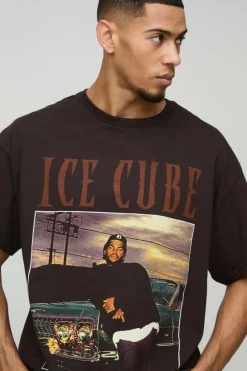New boohooMAN Oversized Ice Cube License Print T-Shirt chocolate