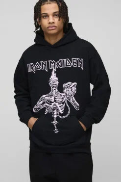 Hot boohooMAN Oversized Iron Maiden License Print Hoodie black