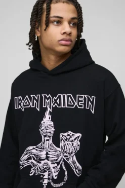 Hot boohooMAN Oversized Iron Maiden License Print Hoodie black