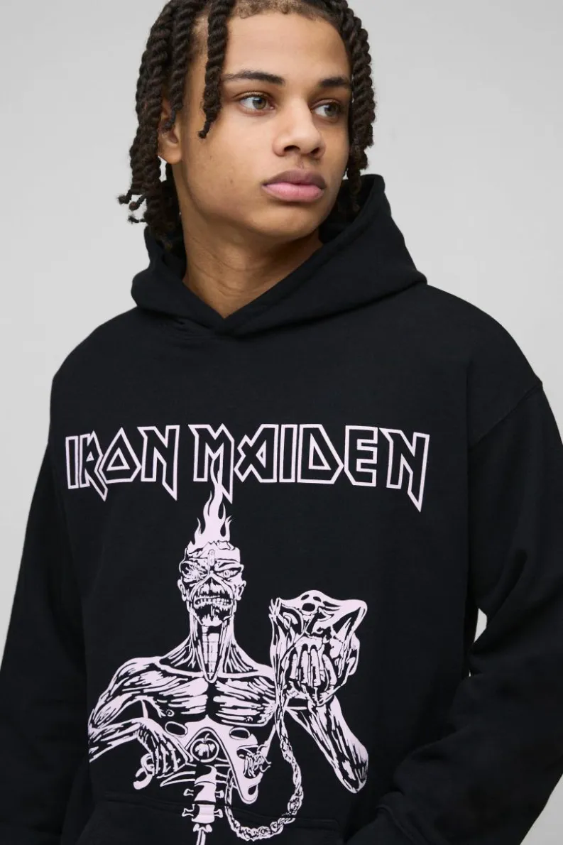 Hot boohooMAN Oversized Iron Maiden License Print Hoodie black