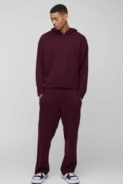 Outlet boohooMAN Oversized Knitted Hooded Tracksuit burgundy