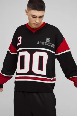 Hot boohooMAN Oversized Knitted Varsity Hockey Top black