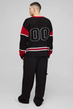 Hot boohooMAN Oversized Knitted Varsity Hockey Top black