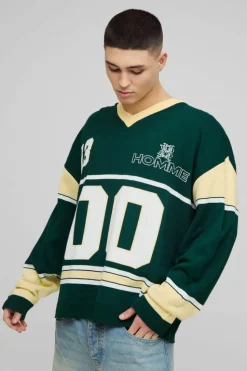 Hot boohooMAN Oversized Knitted Varsity Hockey Top green