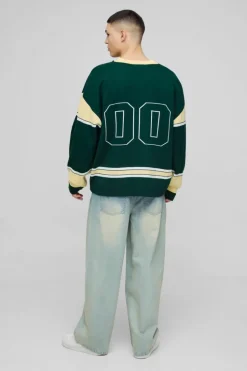 Hot boohooMAN Oversized Knitted Varsity Hockey Top green
