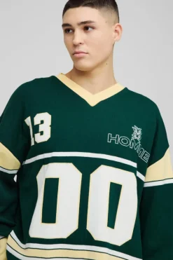 Hot boohooMAN Oversized Knitted Varsity Hockey Top green