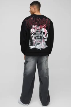 Store boohooMAN Oversized Large Scale Gothic Skull Graphic Sweatshirt black