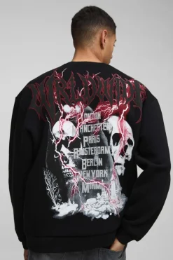 Store boohooMAN Oversized Large Scale Gothic Skull Graphic Sweatshirt black