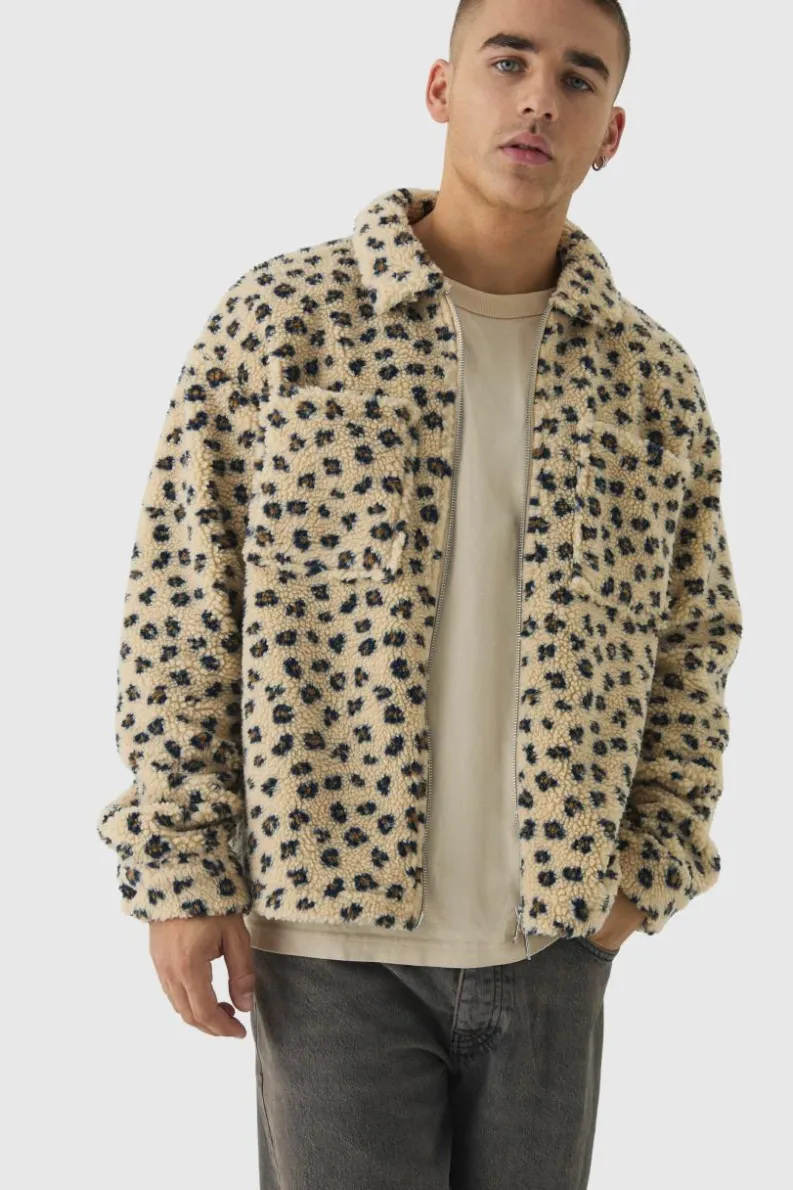 Best boohooMAN Oversized Leopard Print Borg Zip Overshirt stone