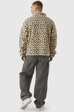 Best boohooMAN Oversized Leopard Print Borg Zip Overshirt stone