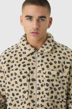 Best boohooMAN Oversized Leopard Print Borg Zip Overshirt stone